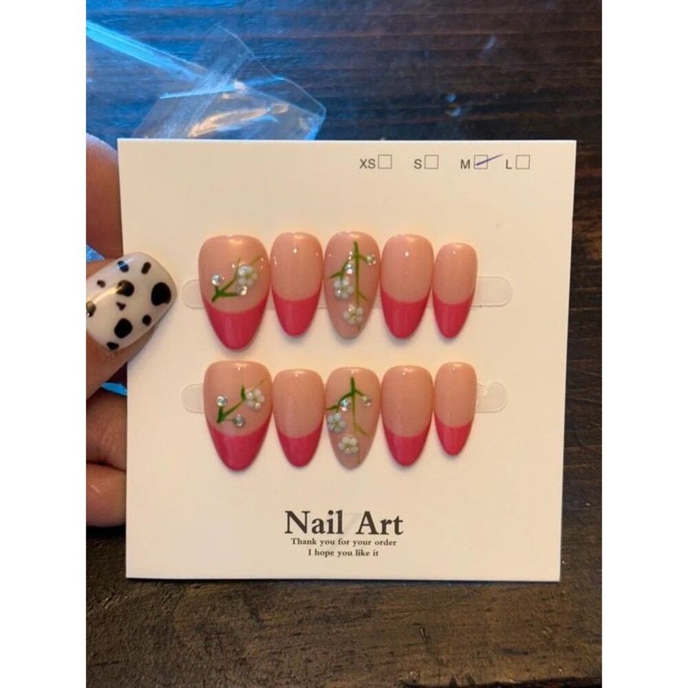 Pink French Tip Almond Press On Nails Size Medium